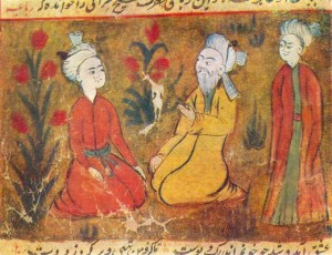 Amir Khusrow teaching his disciples; miniature from a manuscript of Majlis Al-Usshak by Husayn Bayqarah